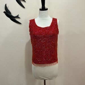 Vintage 1950's George Sweaters Cashmere Red Beaded Top Hong Kong - Size 36 / S